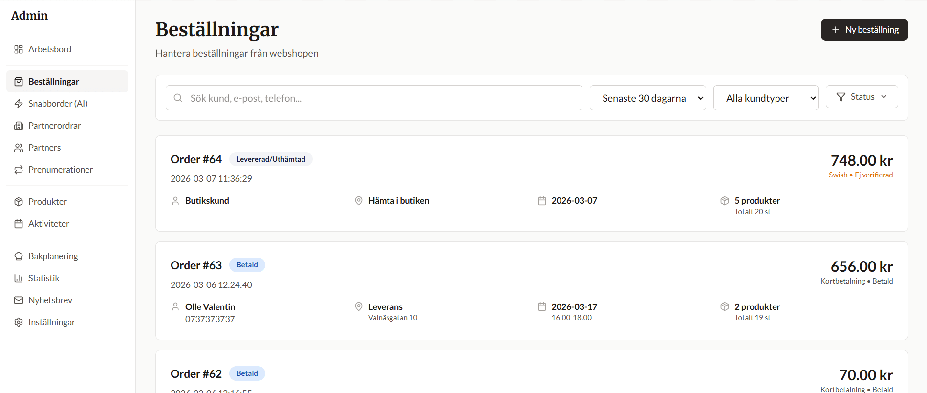 Skräddarsytt orderhanteringssystem — admin-panel